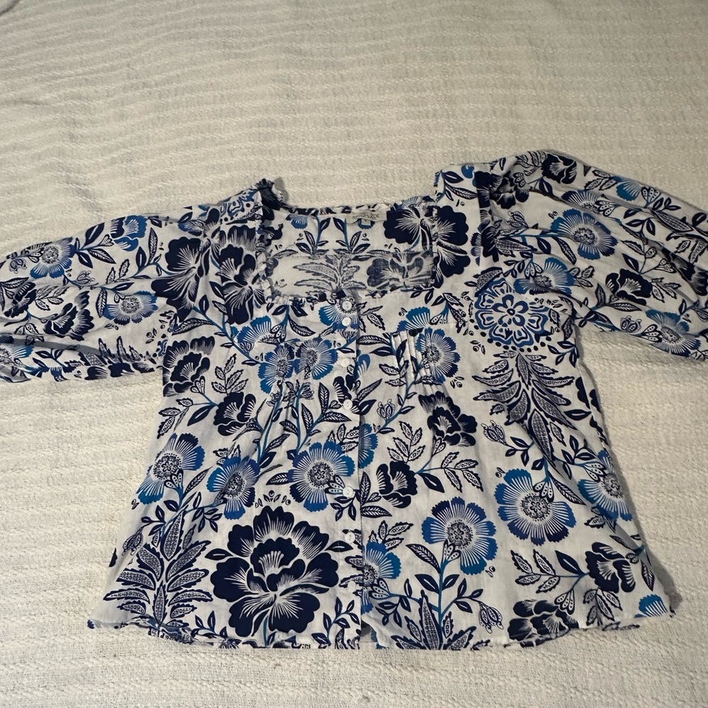 Rachel Zoe Blue and White Floral Linen Blend Blouse